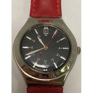 Swatch Irony watch black bezel red leather strap needs battery